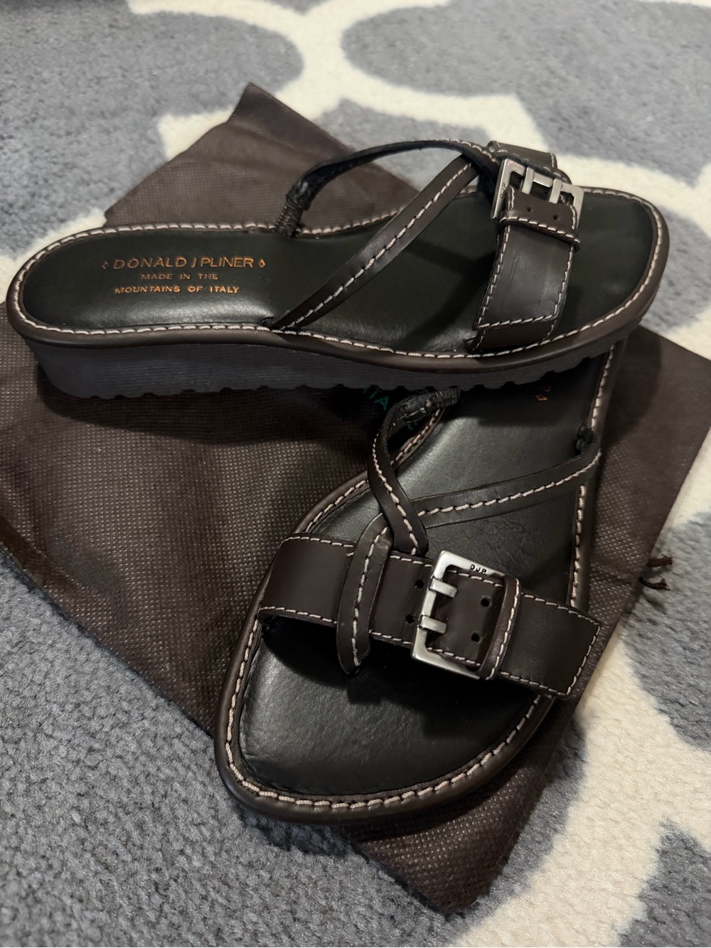 Donald J. Pliner Dark Brown Leather Buckle Thong Sandals